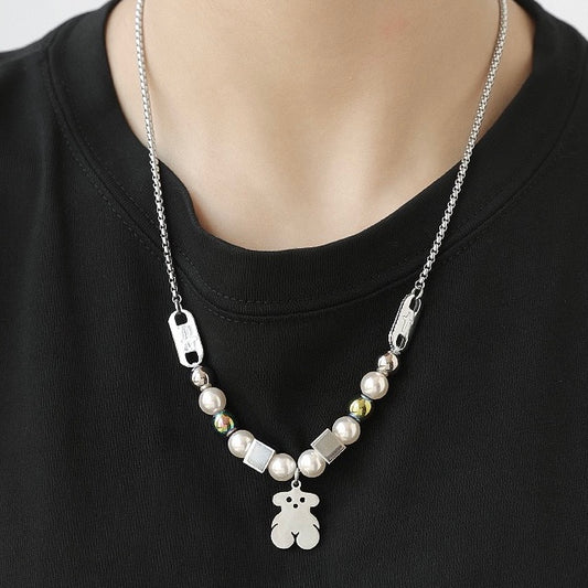 Bear Pearl Titanium Steel Necklace - Modingo Modingo